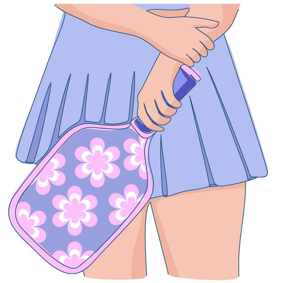 Woman Holding cute violet floral pickleball paddle isolated on white background, perfect for merch design, sport blogs, or female-oriented pickleball promotions vector