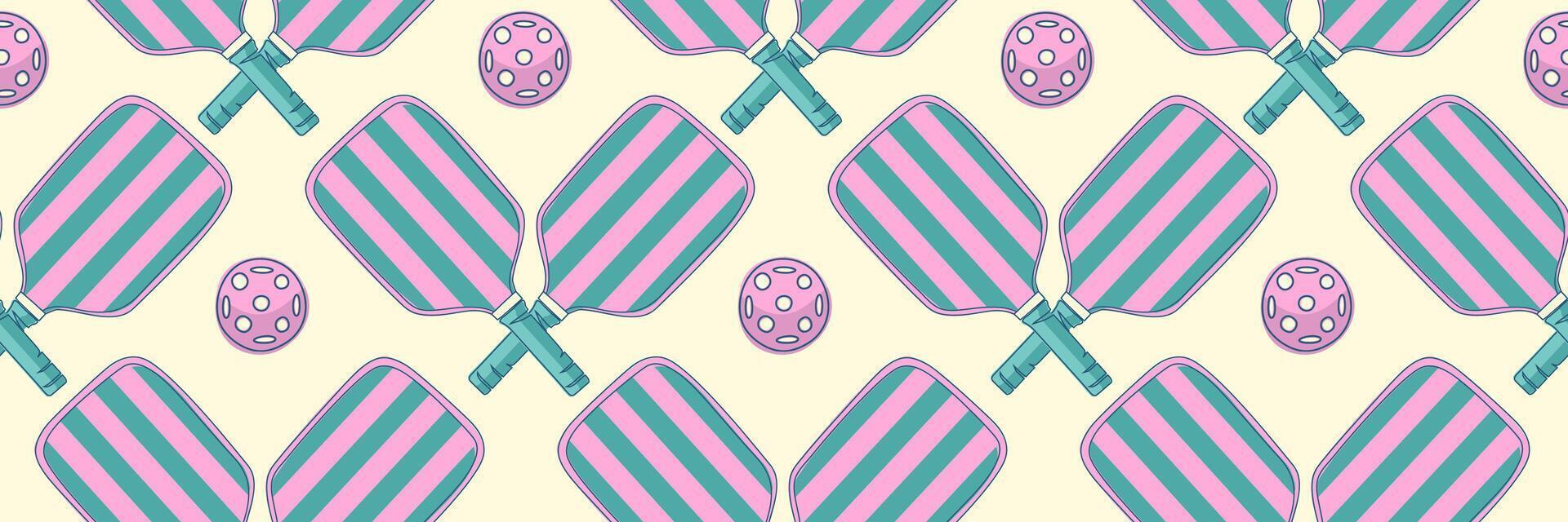 Seamless pattern with striped pink and teal pickleball paddles and matching balls on soft cream background. Great for textile prints, gift wrap, wallpaper or backgrounds vector