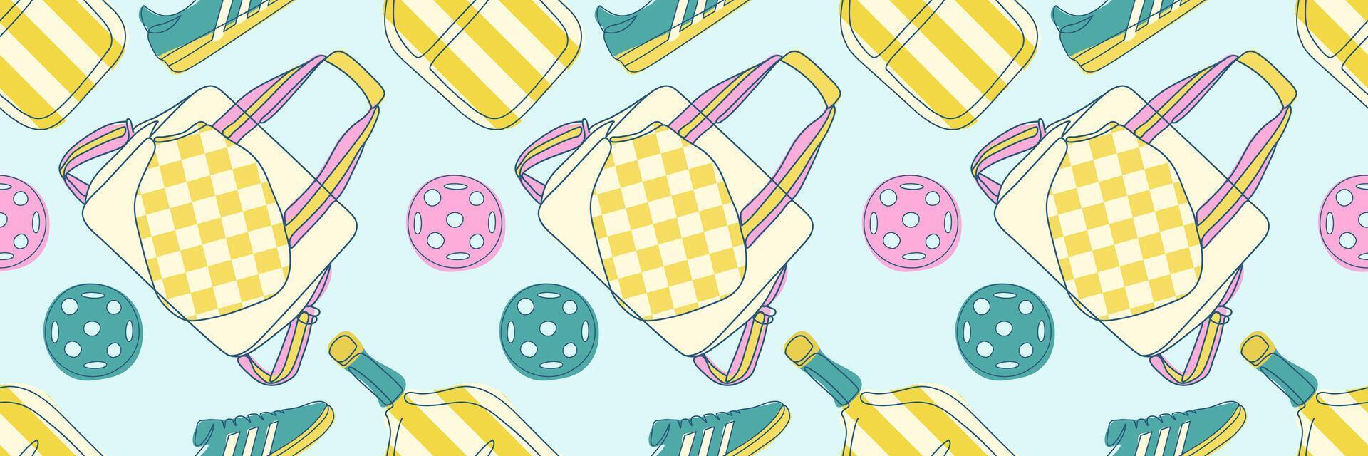 Bright seamless pattern with bags, rackets, balls and sneakers on blue background. Perfect for textile, wrapping paper, wallpaper and sports-themed backgrounds vector