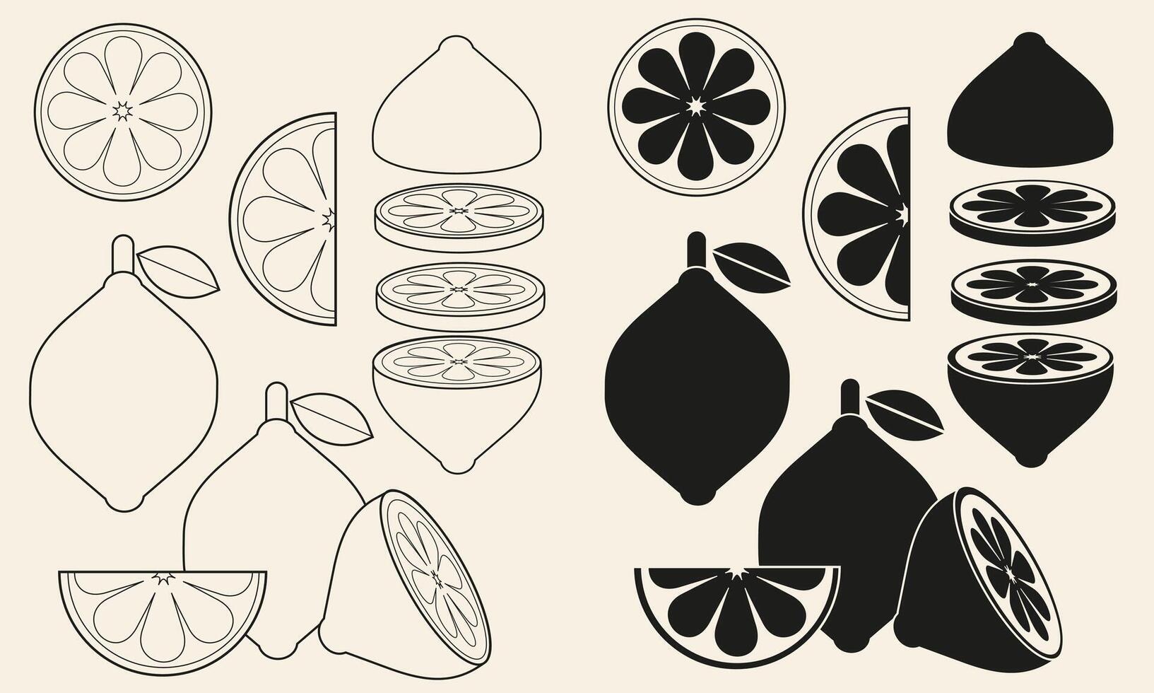 Stylized set of whole and sliced lime in black fill and outline style. Perfect for food packaging, eco labels, branding, patterns, stickers, and modern culinary illustrations vector