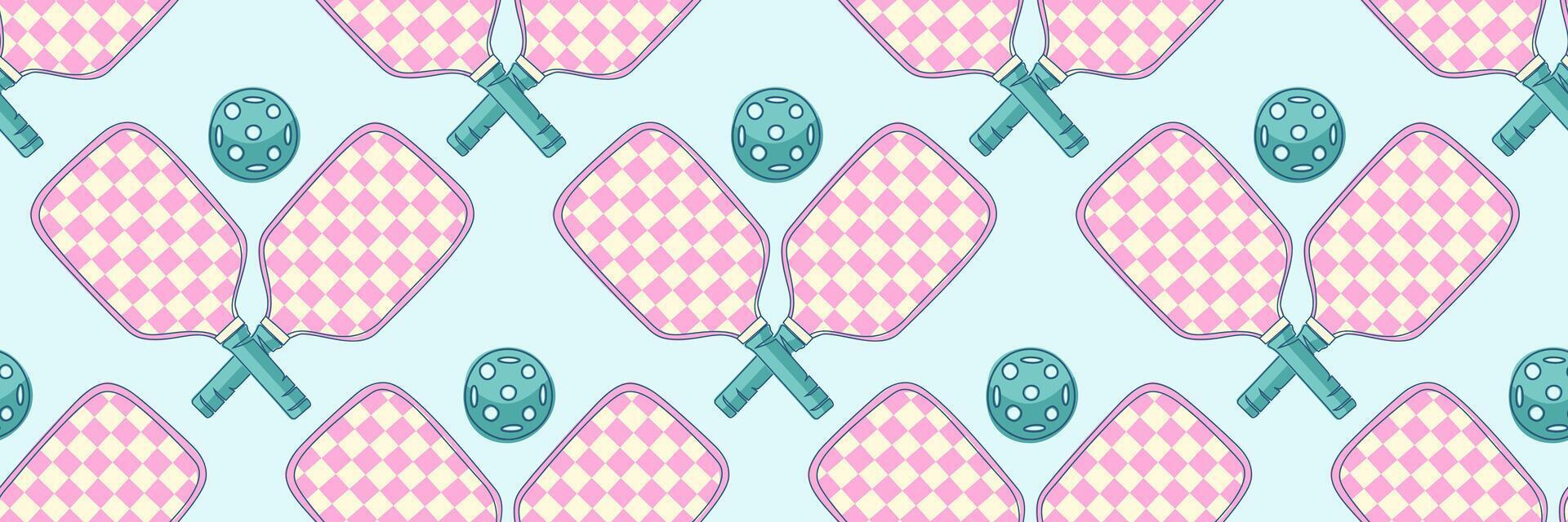 Cute seamless pattern with pink checkered pickleball paddles and teal balls on light blue background. Ideal for designs, sports-themed textiles, packaging, and wrapping paper vector