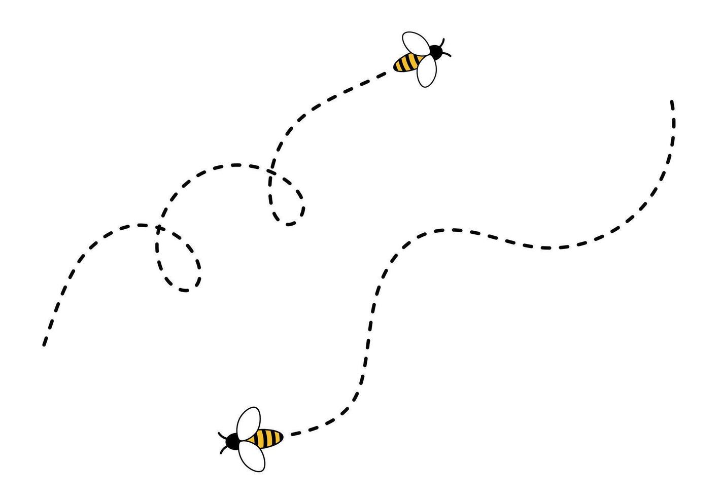 Bee, bumblebee fly on line path, dotted route, icon of yellow insect on a white background. vector