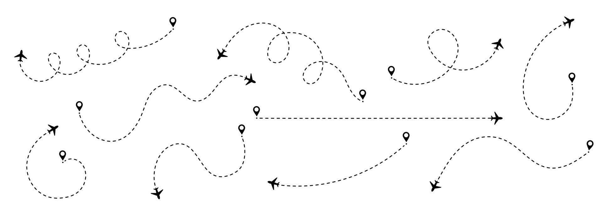 Travel line for plane icon and flight with path on air map. Route and trip traced by dash or dot toward the airport or destination. Clean silhouette design. vector