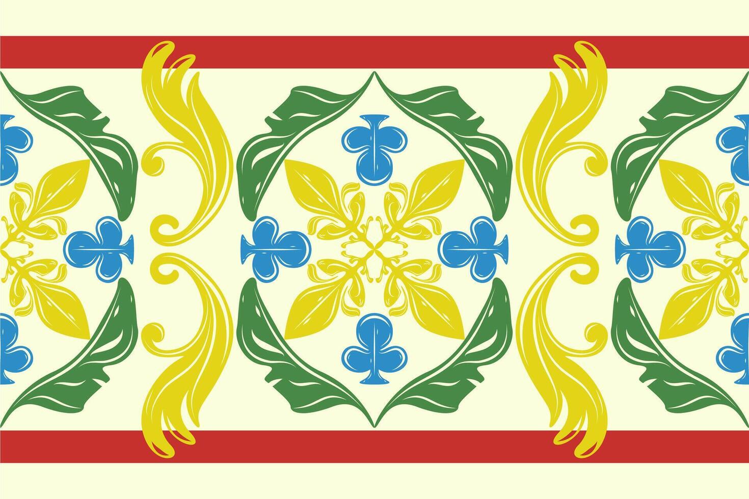 Colorful symmetrical tile border with gold blue green red flourishes. Inspired by classical ceramic design with playful twist. Luxury Fleur de lis Royal Botany Pattern Rich Style for Wallpaper Carpet vector