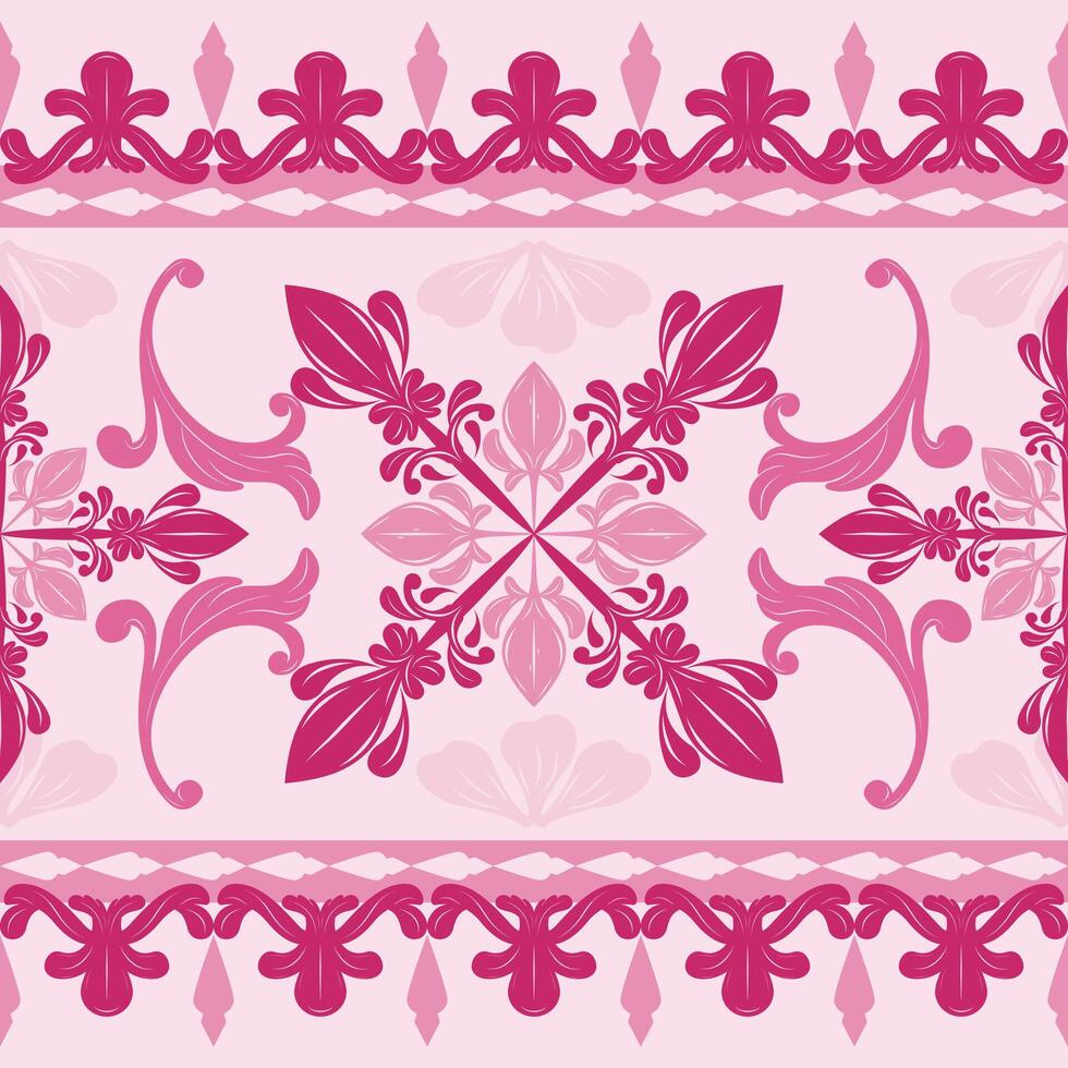 Classic Hand Drawn Magenta Mosaic Tiles With Luxury Scroll Ornament Seamless Border Pattern. Marvelous Heavenly Hot Pink Baroque Florals for Embroidery Silk Lace Craft Product Textiles Art Work Fabric vector