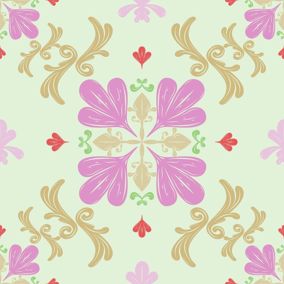 Fairly Tales Sweet Luxury Florals Baroque Medieval Inspired Twinkle Bling Design Needlecraft Embroidery Seamless Pattern. Elegance Tiles Floor Decoration Abstract Scroll Ornament Pink Green Gold Red vector