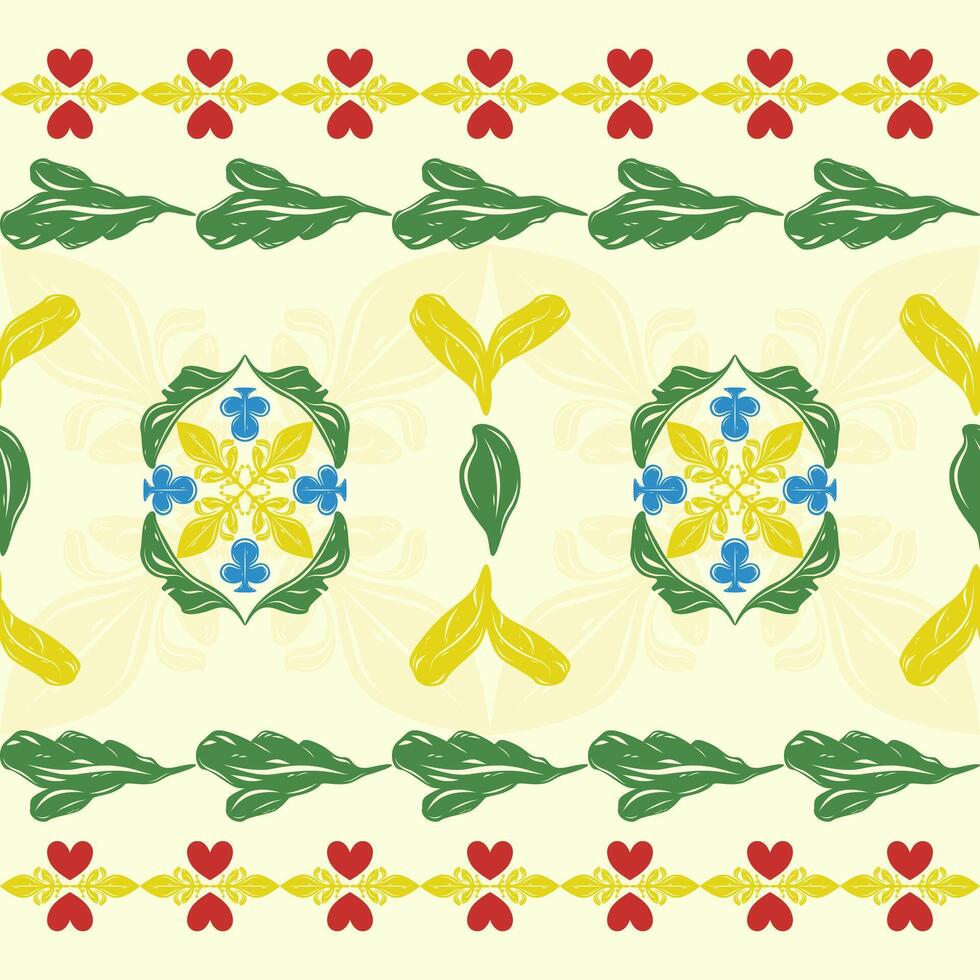 Light and cheerful floral border pattern with repeating heart and leaf designs in green and red. Great for fabrics, kids' products, packaging, home kitchen cafe decoration, embroidery, handicraft, rug vector