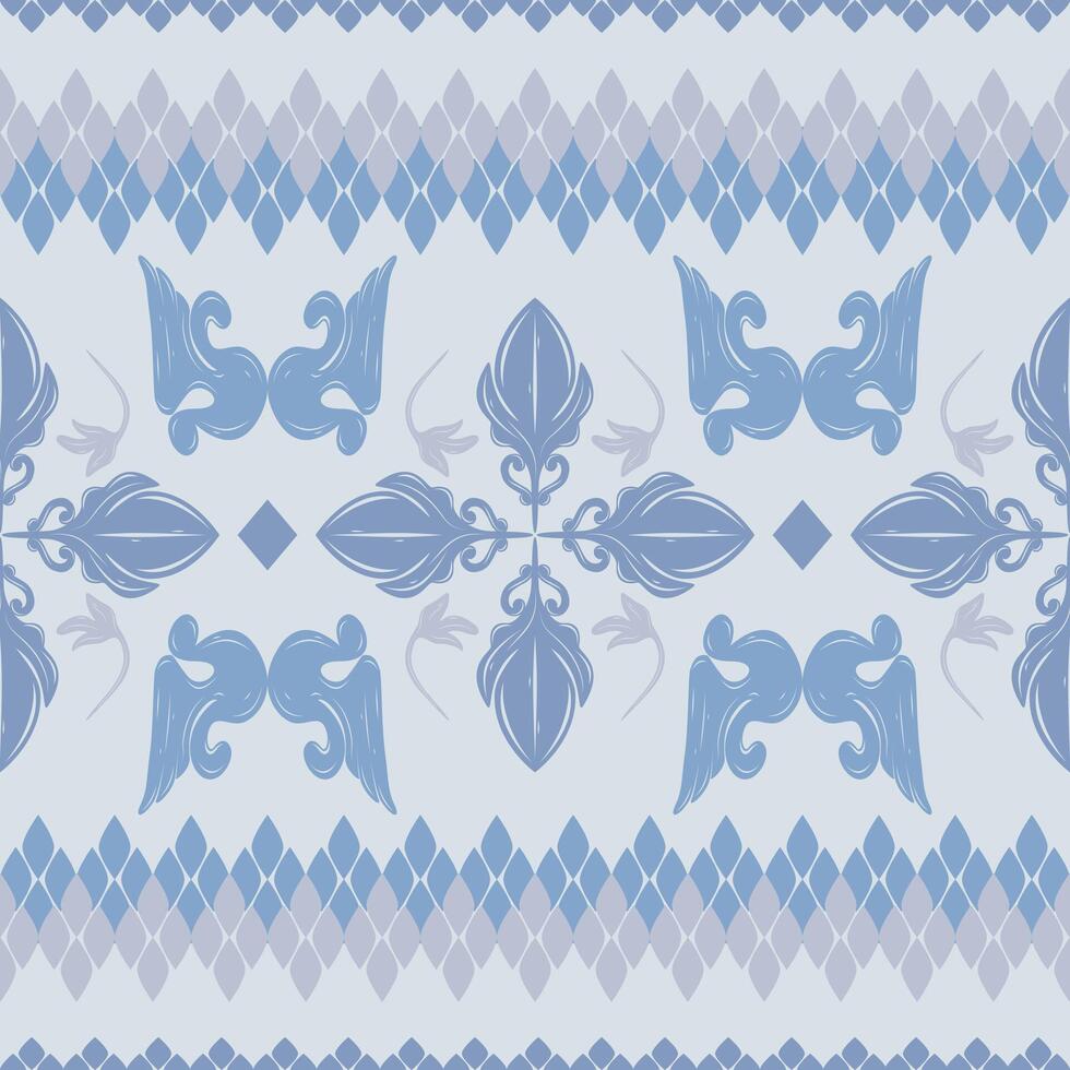 Oriental Flourish Abstract Ornament Linear Fade Color Bluish Silver Grey Traditional Thai and Baroque Twist Elegance Intricate Florals Seamless Border Pattern Perfect for Silk Handicraft Scarf Textile vector