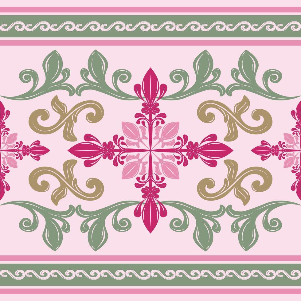 Heavenly Intricate Flourish Florals Petals Vines Pattern with Elegance Ornament Green Jade Gold Magenta on Pale Pink Background. Luxury Elaborate Palace Blooming Medieval Style for Embroidery Textiles vector