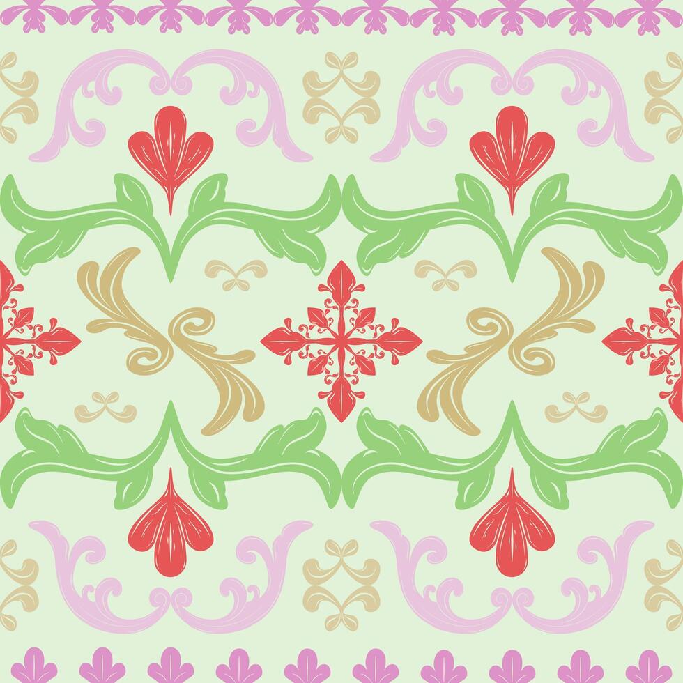 Colorful Grandiose Delicate Ornament Medieval Seamless Border Pattern. Pink Red Green Gold Fabulous Summer Spring Luxury Detailed Rich Decoration Embroidery Textiles Floor Tiles Apparel Garment Scarf vector