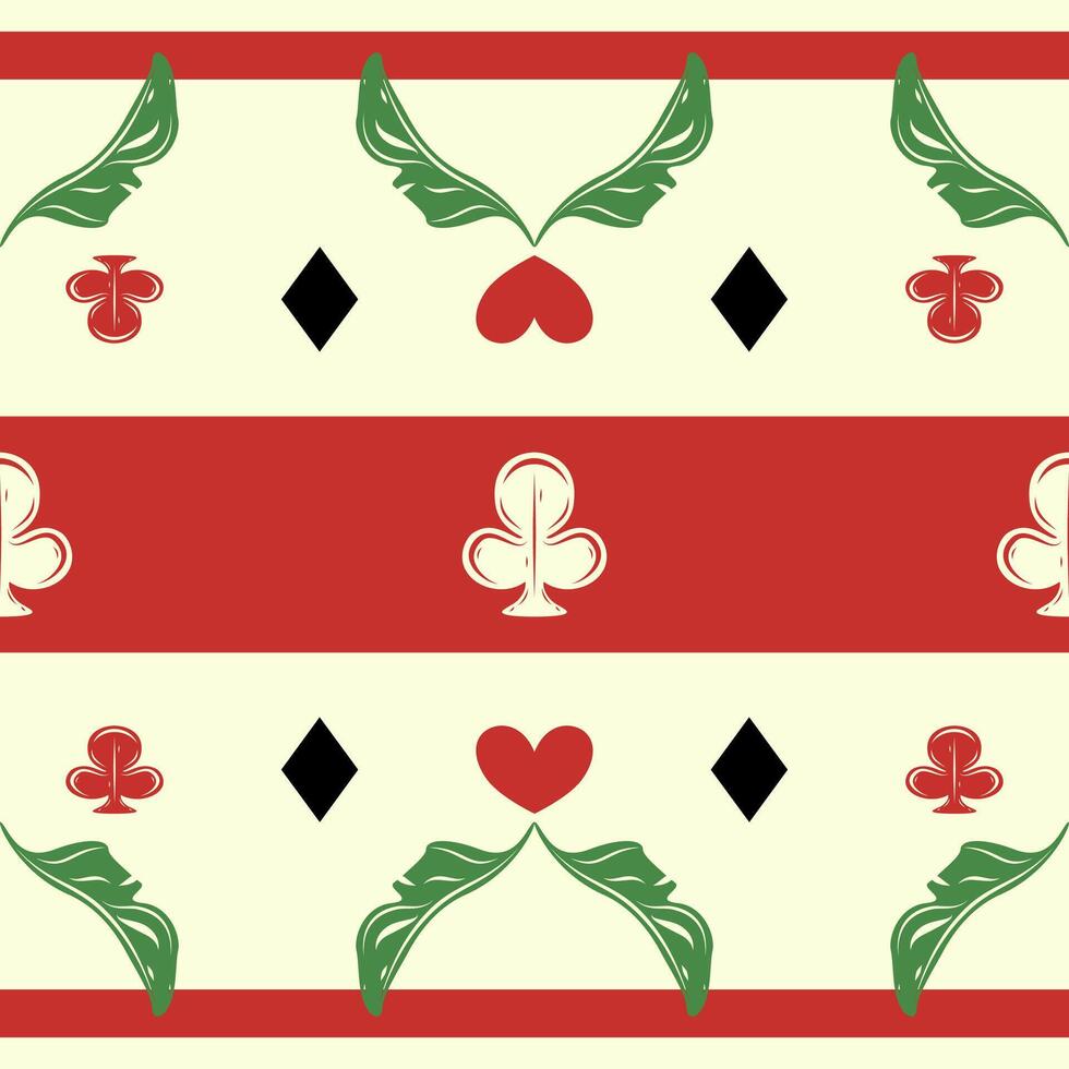 Retro band pattern with card suits and leaf flourishes. Red, black, and green tones evoke a vintage poker vibe with modern clarity on beige background. Wondering Spade Heart Diamond and Nature vector