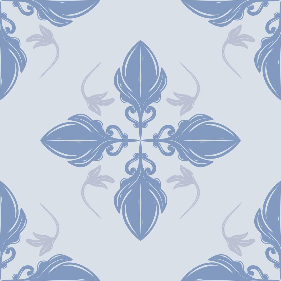 Traditional Luxury Fleur de lis Seamless Florals Pattern. Blue Silver Grey Color with Beautiful Scroll Ornament Medieval. Dainty Filigree Intricate Repeat Classy Detailed for Textiles Tiles Fabrics vector