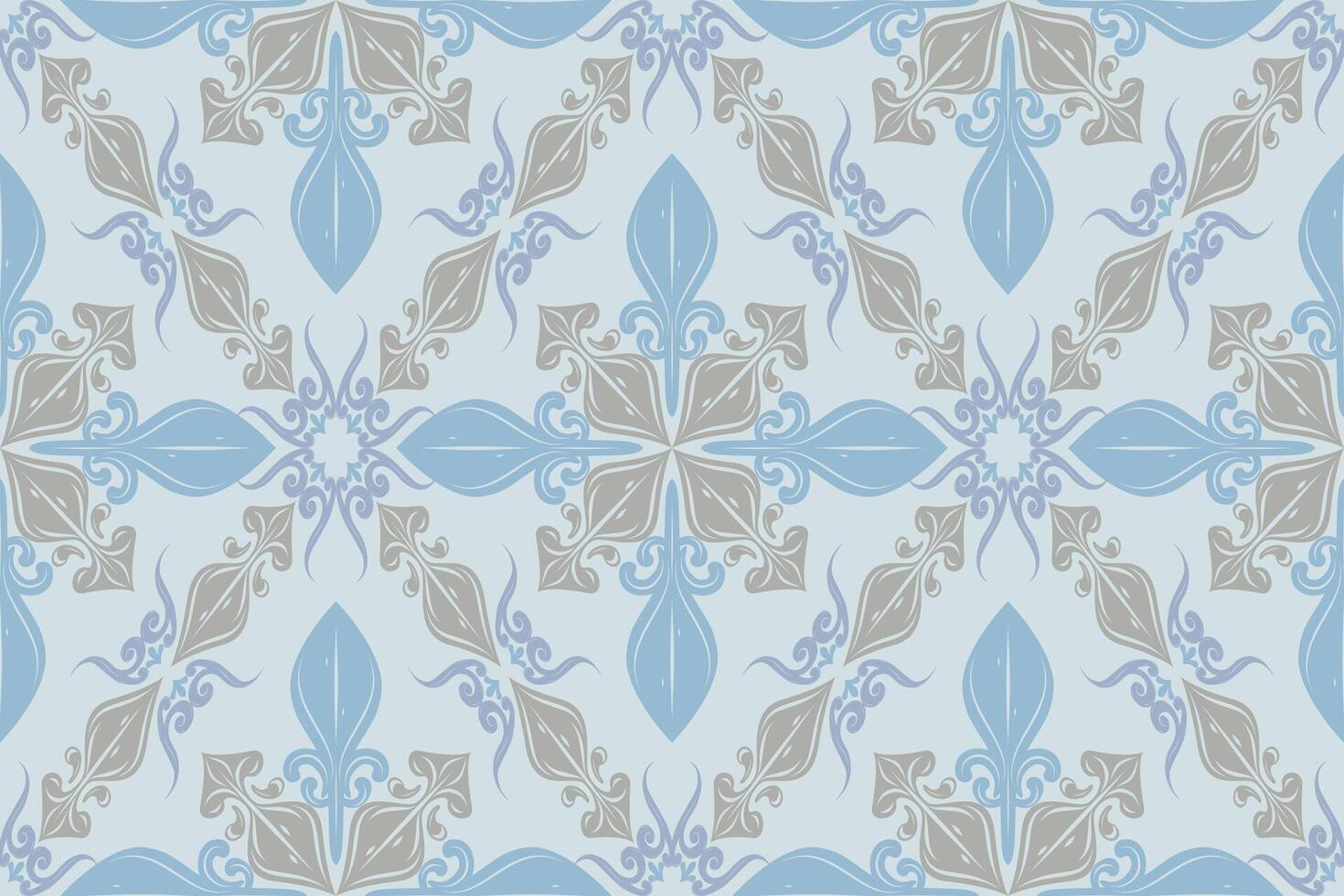 Traditional Thai Silk Motif Ornament Seamless Pattern . Delicate Exquisitely Royal Blueish Silver Grey Beautiful Flawless Florals. Repeat Luxury Style Detailed of Baroque Twist Asia Art Textile vector