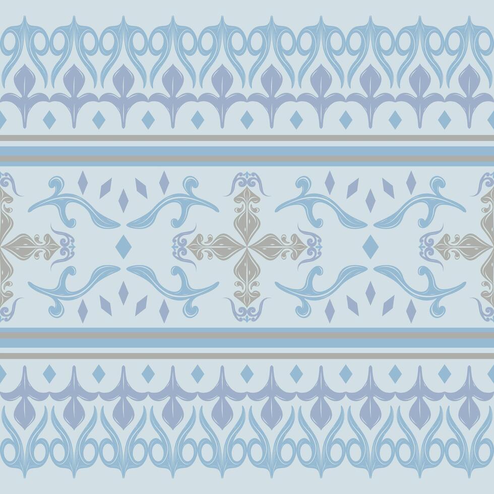Wondering Blue Exotic Ornament Arranged Pattern Seamless Border. Fine Handicraft Drawn Silver Florals Scroll and Geometric Elaborate Style for Rich Royal Opulence Decoration Carpet Wallpaper Ceiling vector