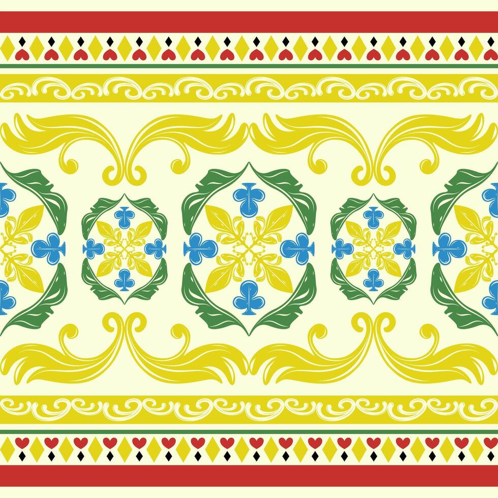 Bright golden yellow pattern with playful floral medallions and a central tile design. Evoke the Mediterranean warmth and vibrant summer energy. luxury border yellow green blue on beige elegance style vector