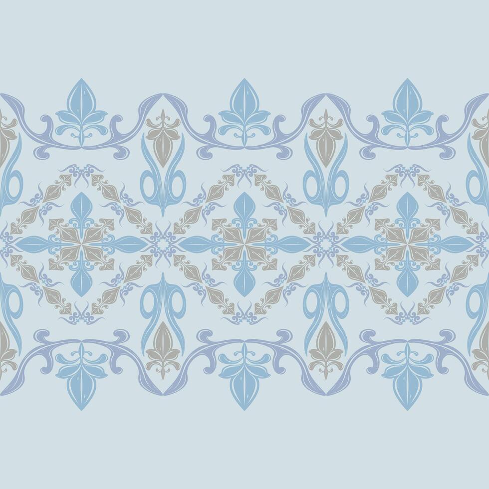 Symmetric Intricate Beautiful Traditional Royal Abstract Florals with Blue and Silver Grey Ornament Seamless Border Pattern. Luxury Fine Filigree Palace Haute Couture Style for Embroidery Carpet Silk vector