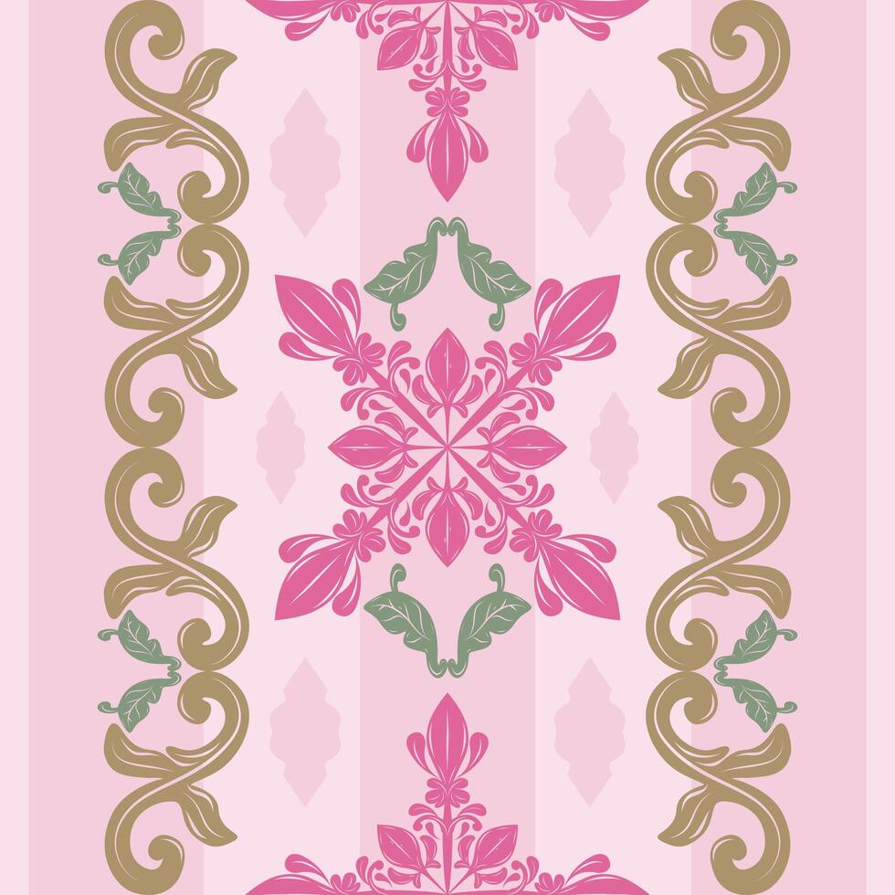Grandiose Filigree Royal Gold Pink Green Jade Florals Heaven Imagination Mythology Inspired Seamless Border Pattern for Elaborate Rich Luxury Design, Embroidery Handicraft Sweet Feminine Lady Garment vector