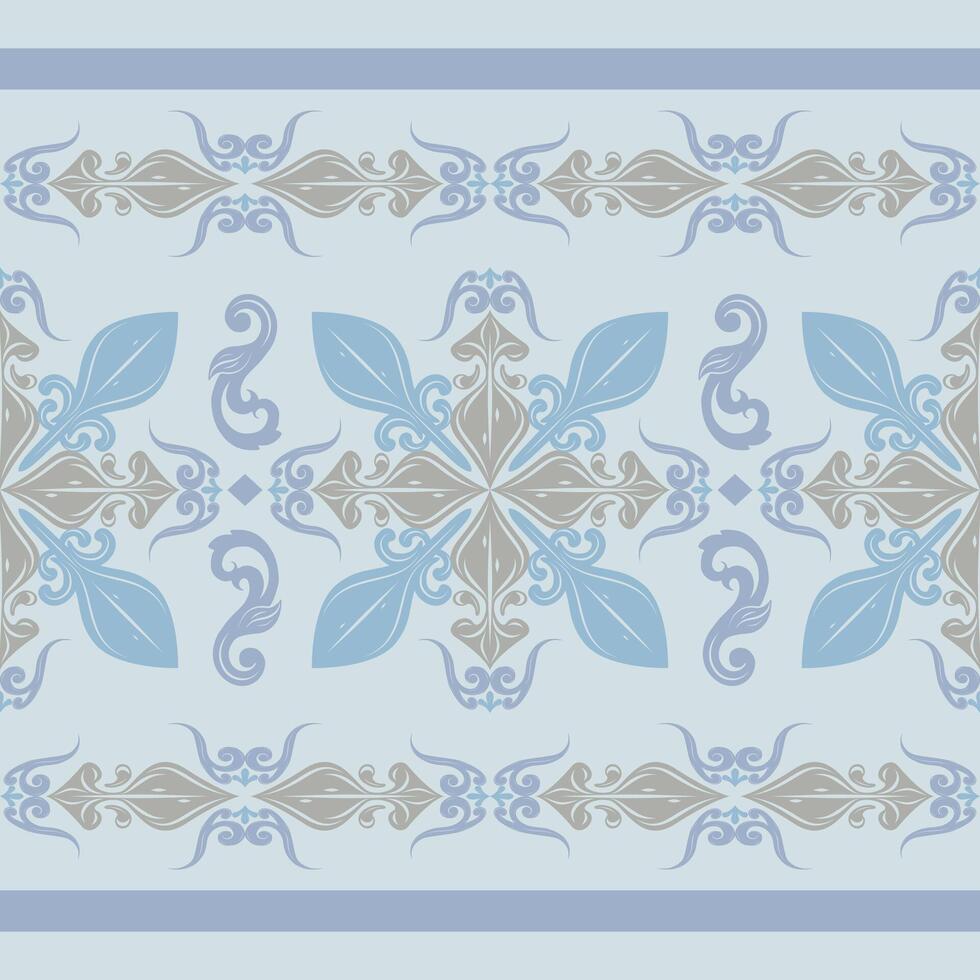 Glamorous Baroque Art with Royal Blue Qing Dynasty Color and Silver Grey Swirl Ornament. Ancient Botanical Byzantine Pattern Filigree Hand Drawn Oriental Vibe Expression for Border Garment Interior vector