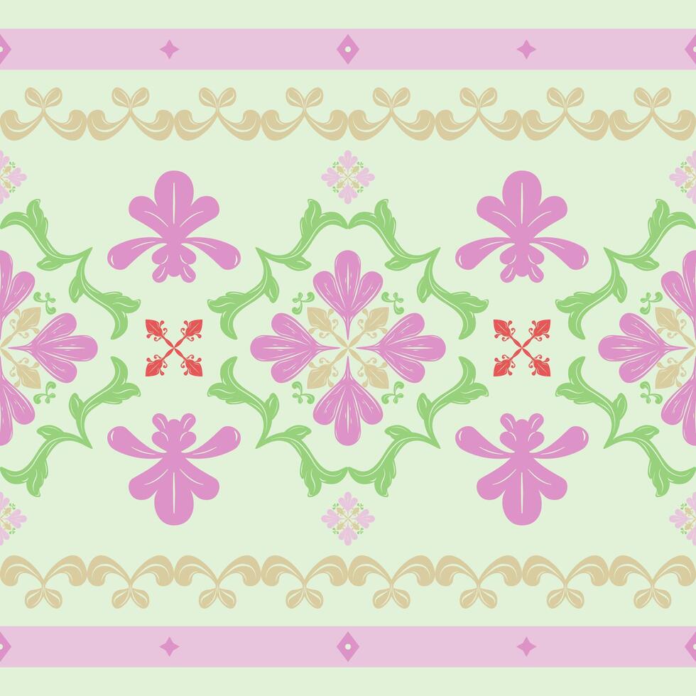 Sweet Botany Symmetric Fantasy Baroque Whimsical Style Seamless Border Pattern. Creative Traditional Luxury Motif Florals Pink Green Red Gold for Elegance Feminine Design Wallpaper Textile Fabric Tile vector