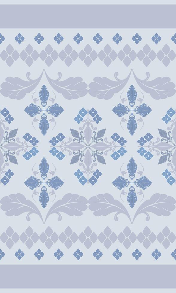Luxury Silver Grey Elaborate Scroll Ornament Blue Florals Exquisite Delicate Decoration Blooming Leaves Petals for Beautiful Detailed Art Work Perfect for Embroidery Lace Apparel Sabai Batik Thai Silk vector