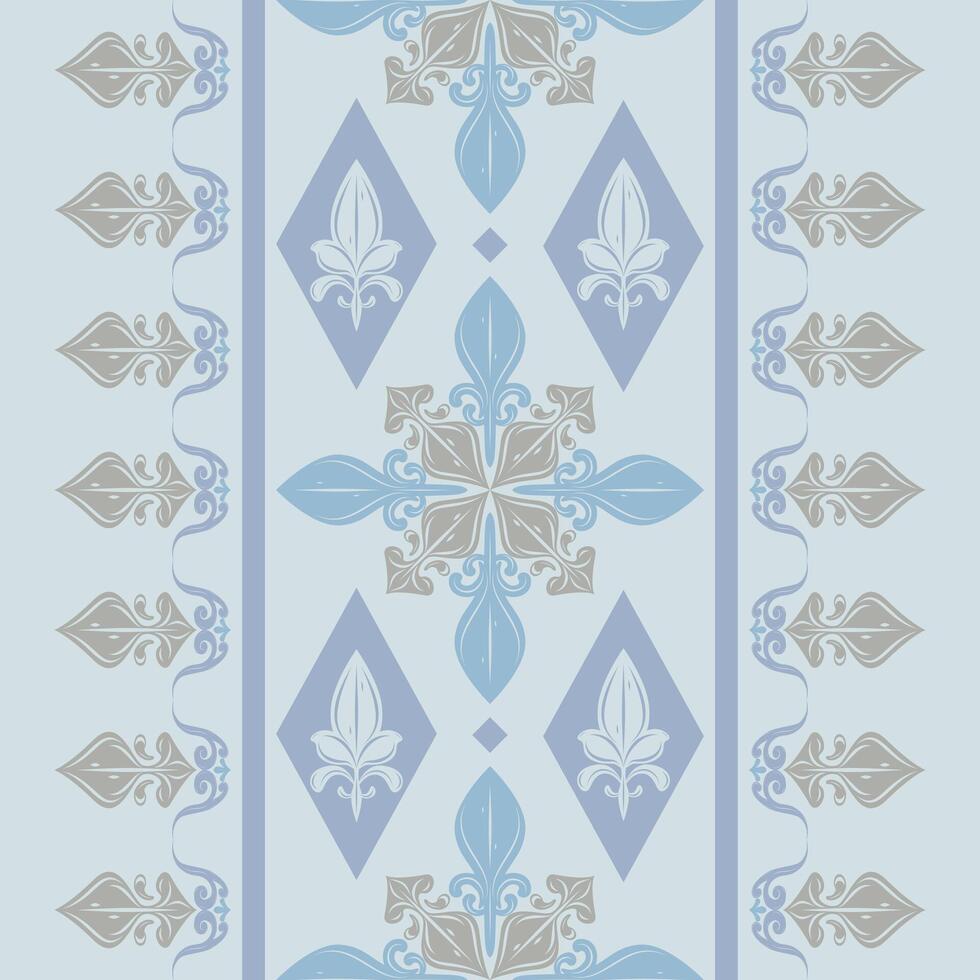 Delicate Flourish Border Pattern With Motif Scroll Ornament Silver Grey Blueish Tones Seamless Design. Dainty Thai Silk Ancient Flowers for Apparel Sabai Garment Saree Embroidery Prints Fabrics Scarf vector