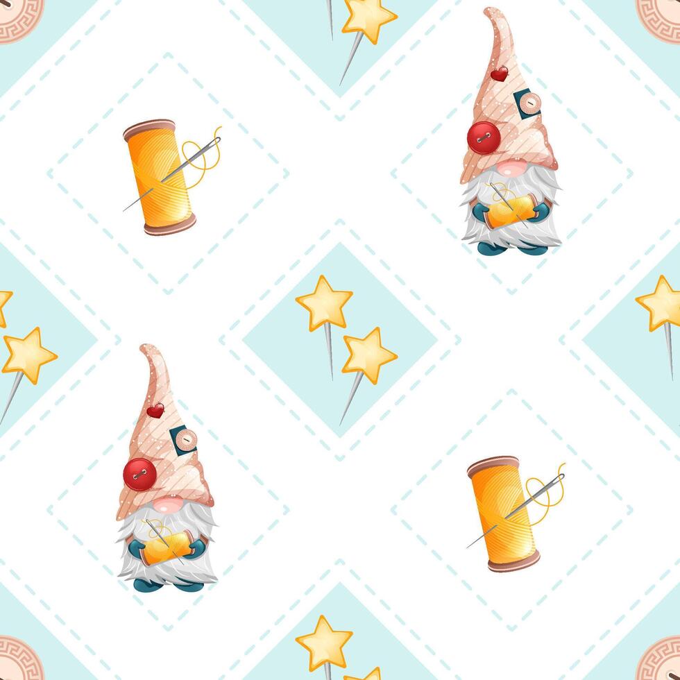 Gnome pattern with stars and sewing items vector