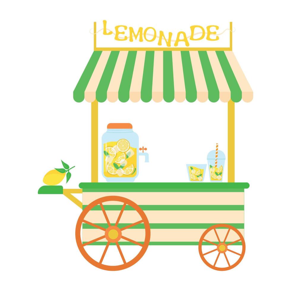 Street cart with a glass jar and glasses with refreshing lemonade, lemon slices, mint and ice vector