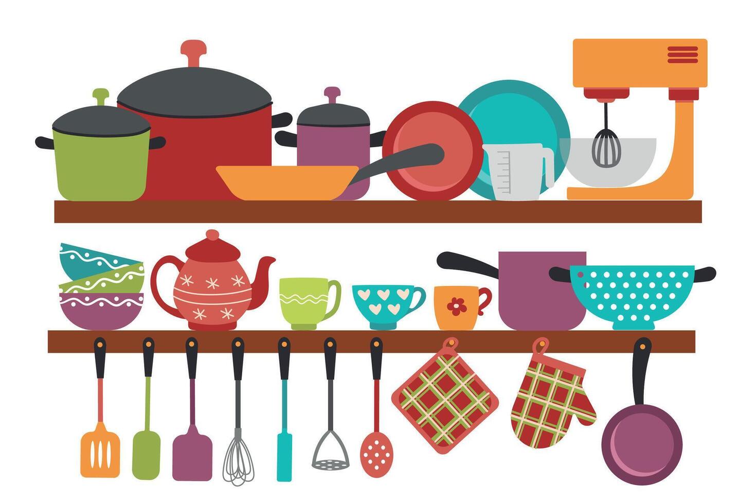 Kitchenware and ceramics collection for home - cups, plates, bowls, mixer, pots. vector