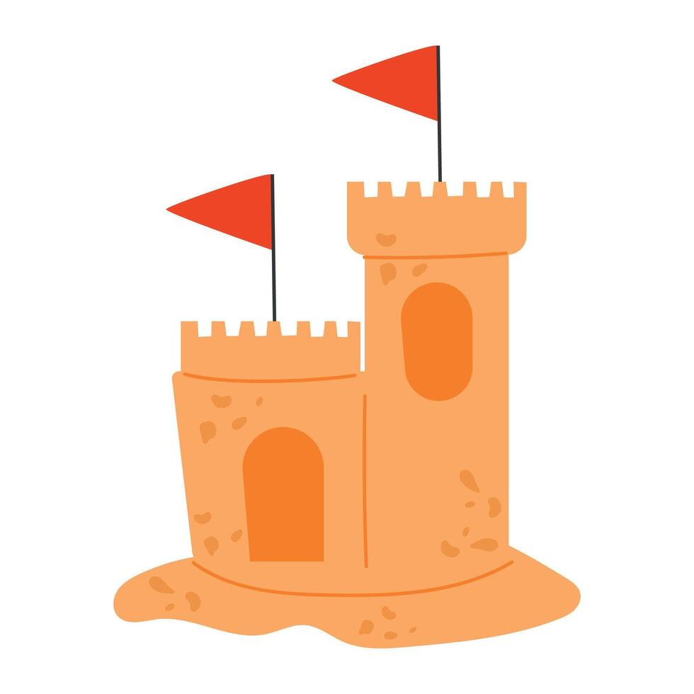 Sand castle with small red flags. illustration in flat style, sand games vector