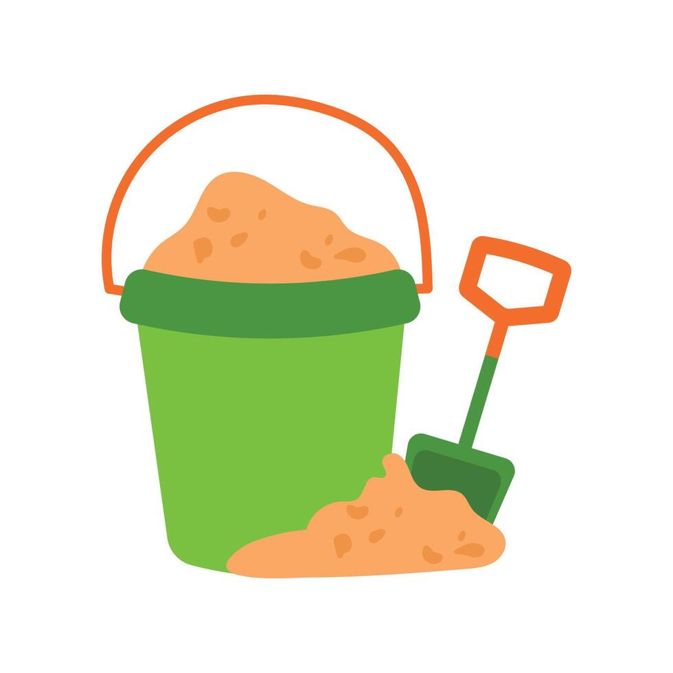 Sand in a green bucket with an orange handle and a children's shovel in the sand. vector