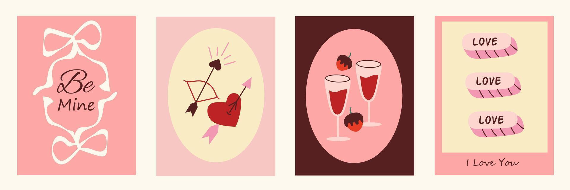 Set of Valentine's Day poster, greeting card, cover, label, sale promotion templates, pattern background with ribbon, wine, frame, alcohol elements illustration in modern trendy geometric style vector