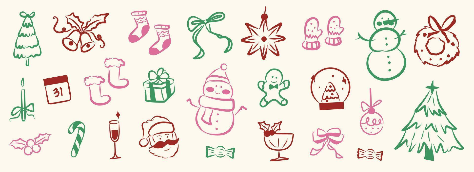 Whimsical Christmas doodle line art festive and holiday icon. Green, red, pink elements illustrations for sale, promotion, branding, labels, posters, cards, invitation, greeting card, social media. vector