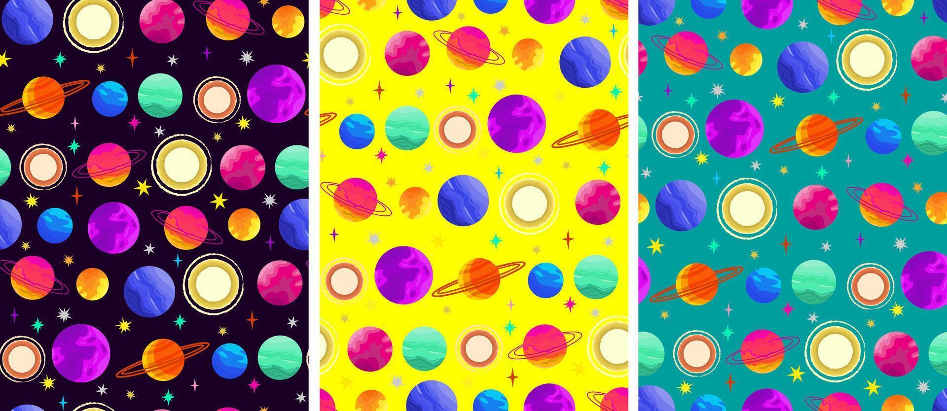 set of seamless outer space patterns with colorful planets and stars on dark, yellow and teal backgrounds for kids design vector