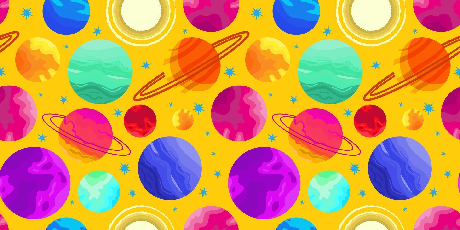 cute outer space seamless pattern with multicolored planets and stars on bright yellow background for kids textile poster design vector