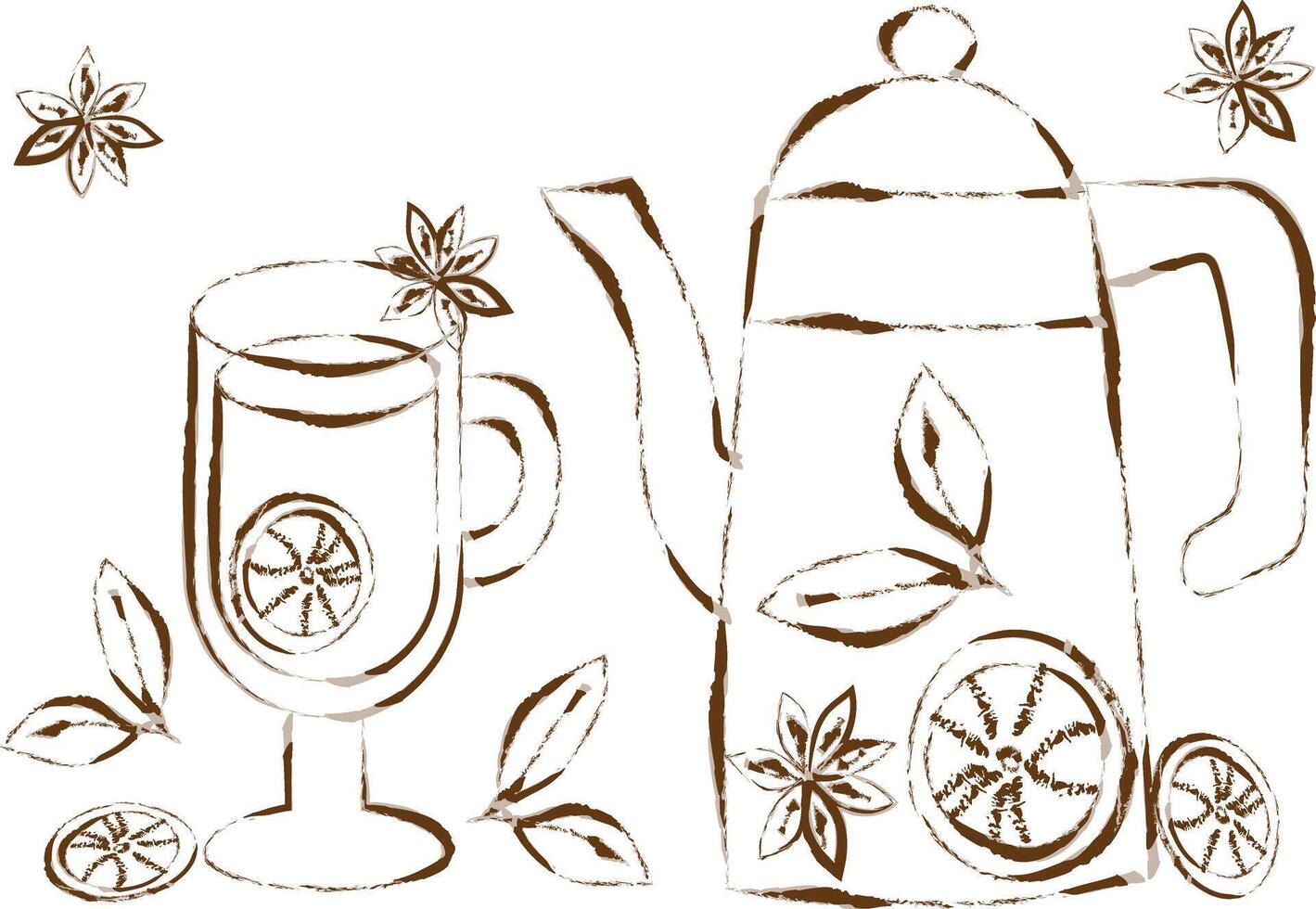 rustic mulled wine doodle teapot wineglass citrus spices for cozy autumn and winter web projects vector