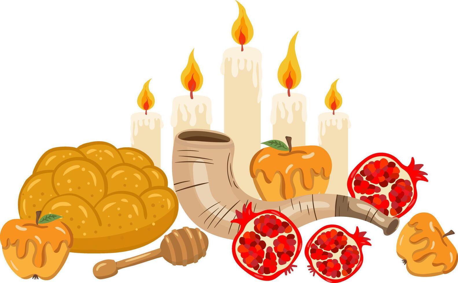 rosh hashanah evening table holiday set challah pomegranates apples honey shofar candles jewish new year festive vector