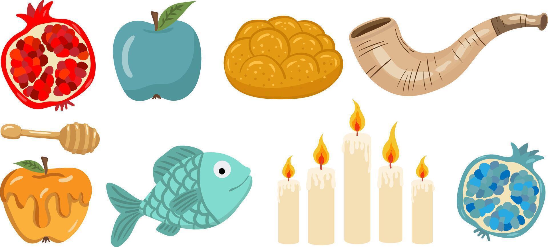 rosh hashanah isolated elements set jewish new year holiday symbols traditional icons honey apple pomegranate shofar candles challah fish vector