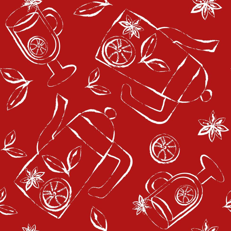sketch style hot spiced drink repeatable background with teapot cup citrus and spice elements for fall season designs vector