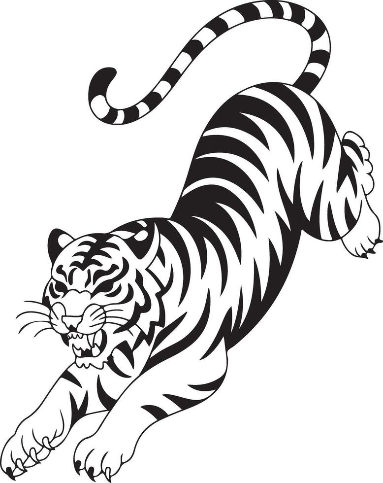 a black and white tiger running on the ground vector