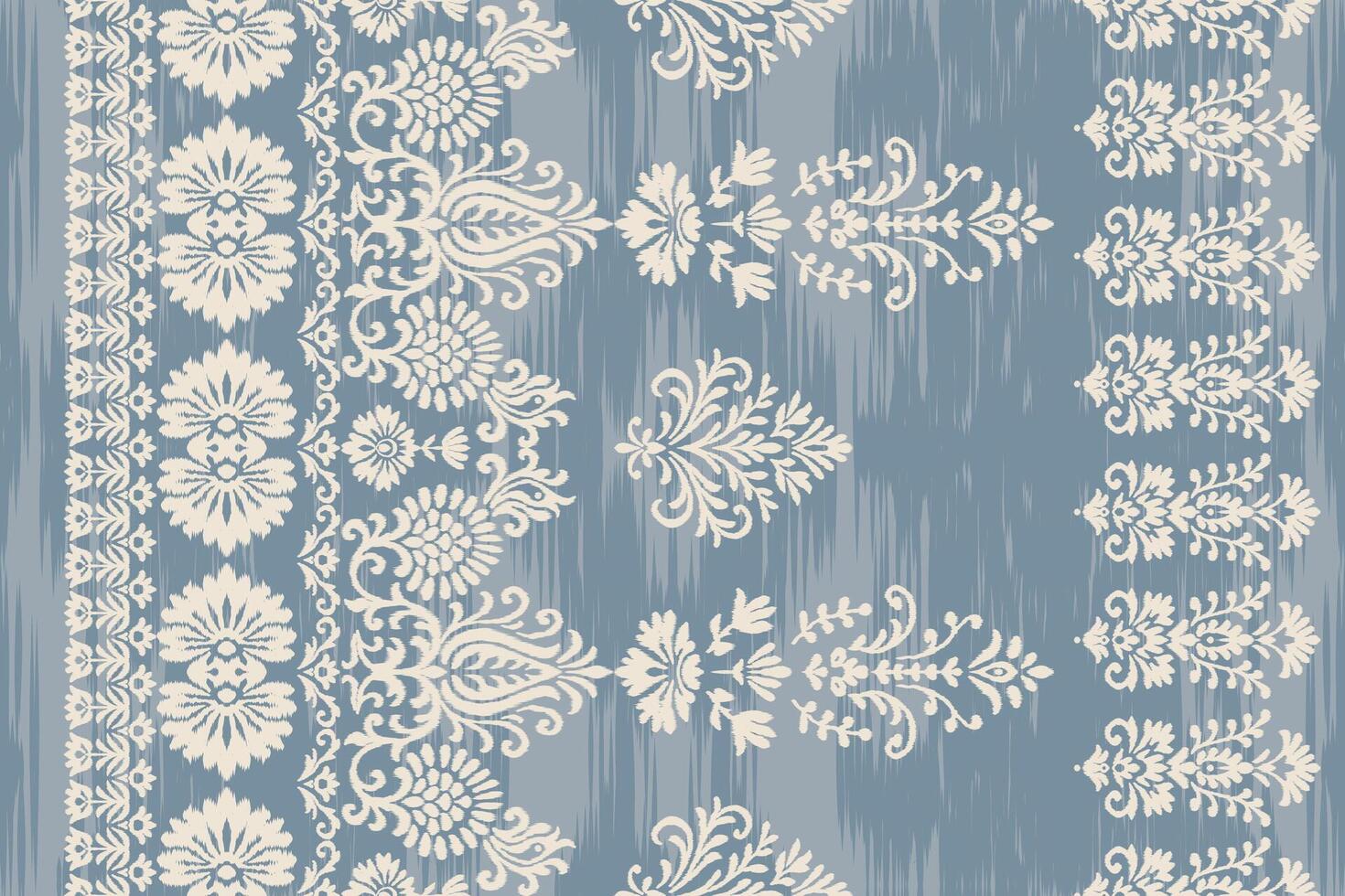 Seamless ikat floral embroidery damask pattern with ethnic textile blue abstract background. vector