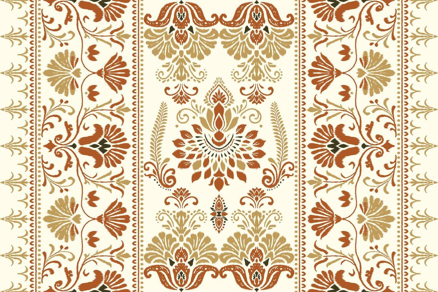 Ethnic ikat paisley floral seamless pattern with intricate embroidery border and traditional Indian motifs in boho and aztec textile design, perfect for fabric, wallpaper, or decoration. vector
