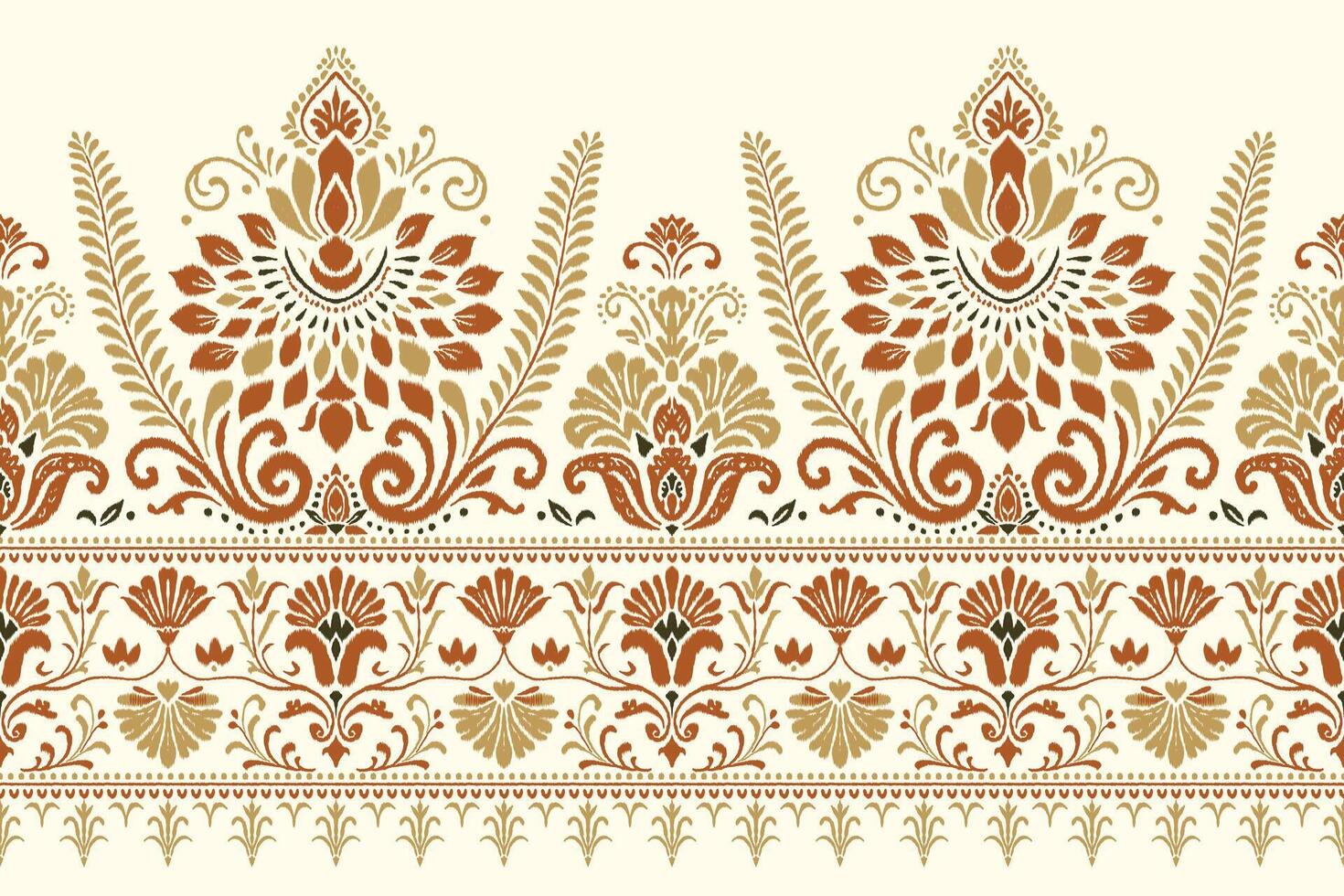 Ethnic ikat floral border pattern with embroidery paisley motifs in seamless boho design vector