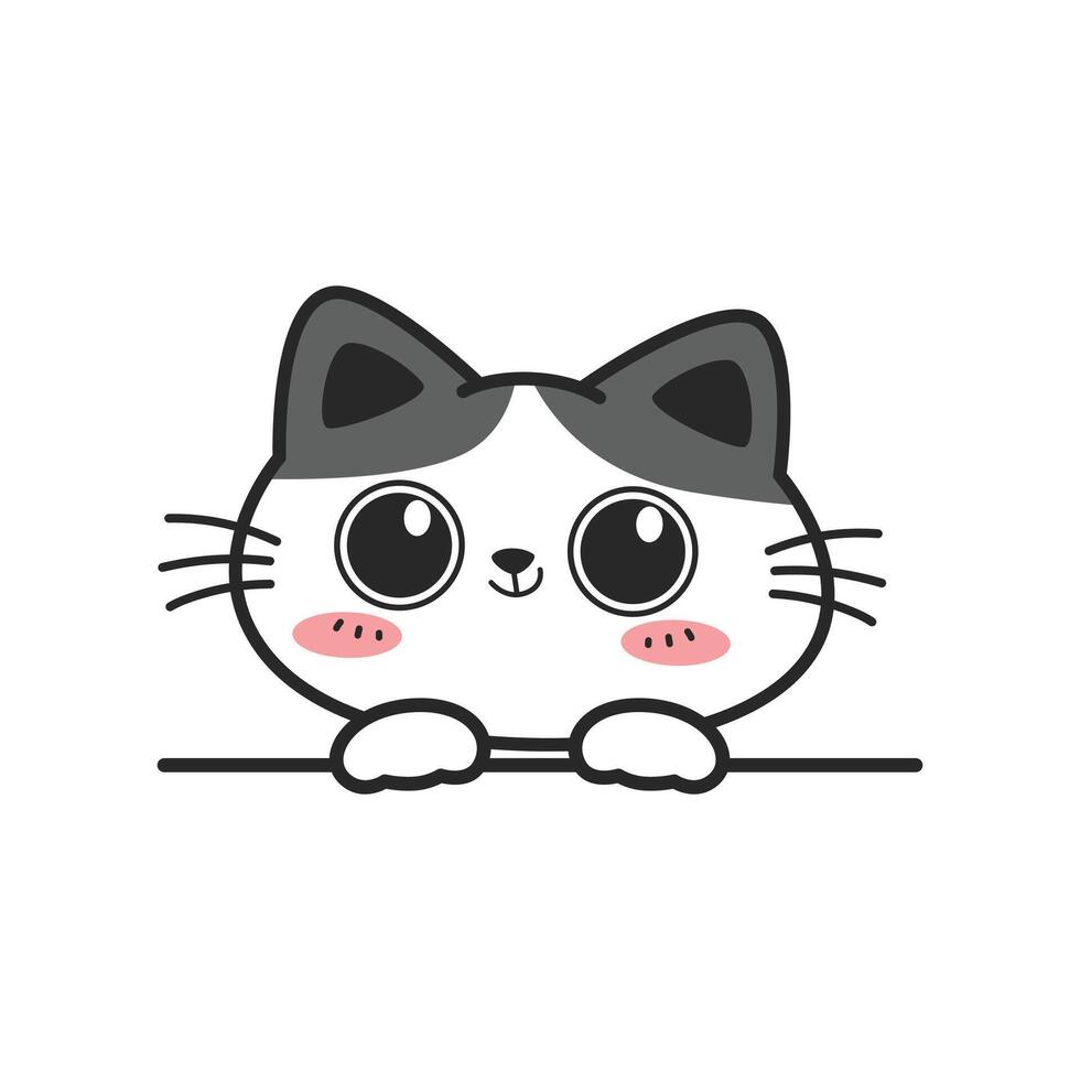Cute happy cat with big eye cartoon hand-drawn style peeking, Kawaii smiling cat doodle vector