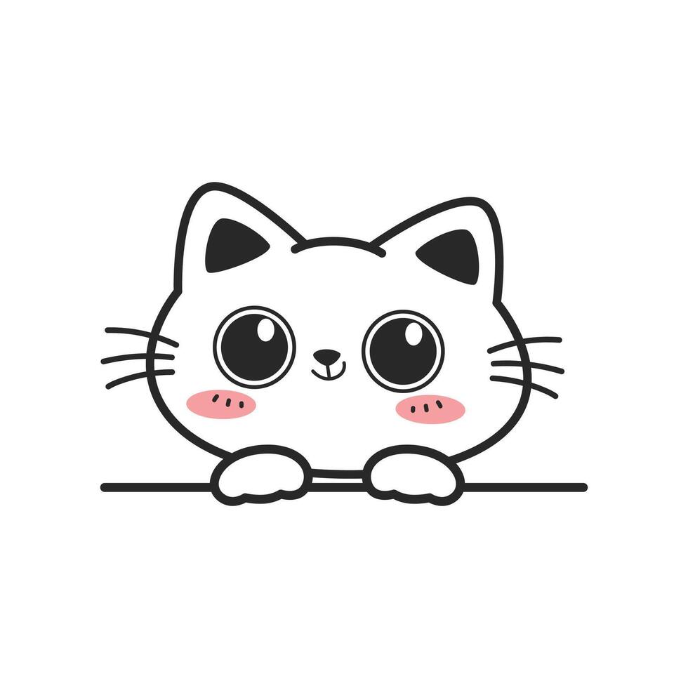 Cute happy white cat with big eye cartoon hand-drawn style peeking, Kawaii smiling cat doodle vector