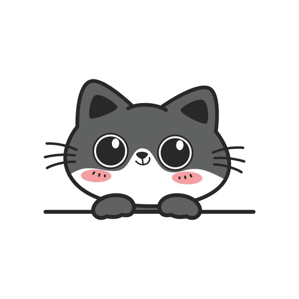 Cute happy gray cat with big eye cartoon hand-drawn style peeking, Kawaii smiling cat doodle vector