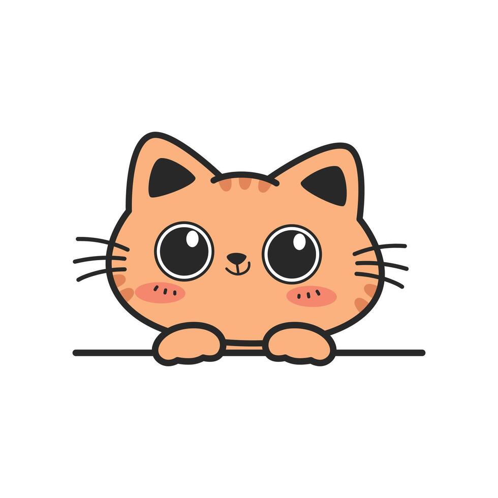 Cute happy orange tabby cat with big eye cartoon hand-drawn style peeking, Kawaii smiling cat doodle vector