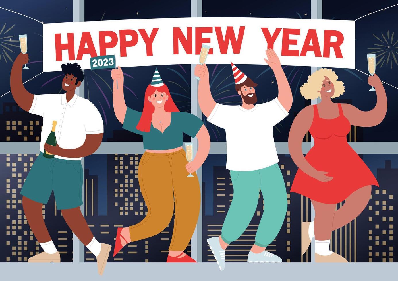 Friends celebrating New Year 2023 vector