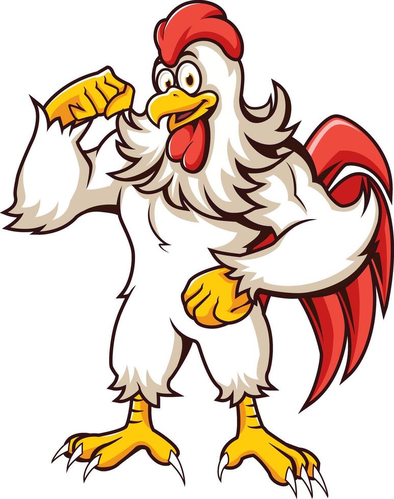 Funny Bodybuilder Chicken Mascot Flexing Arm vector