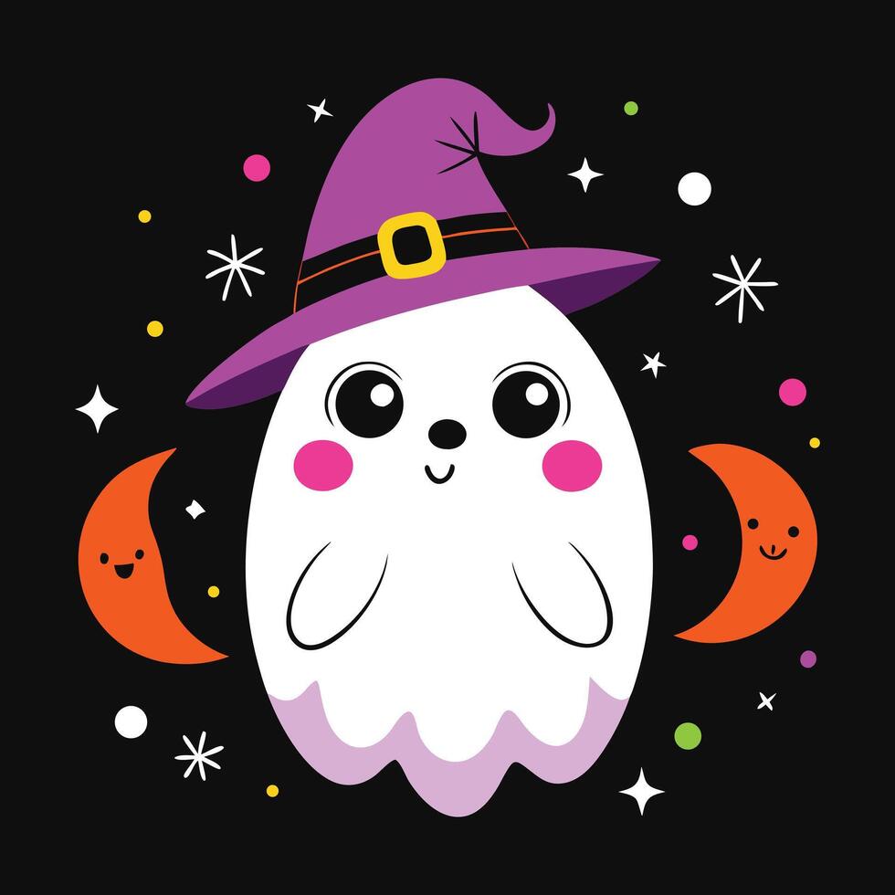 Cute ghost with witch hat and moons purple orange vector