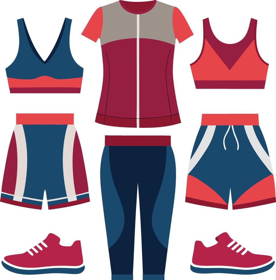 Athletic apparel set with sports bra jacket shorts and leggings vector